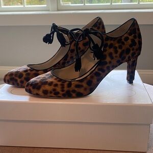 Boden Leopard Print Women's Heels. Pony hair, midi heel, ties at ankles.